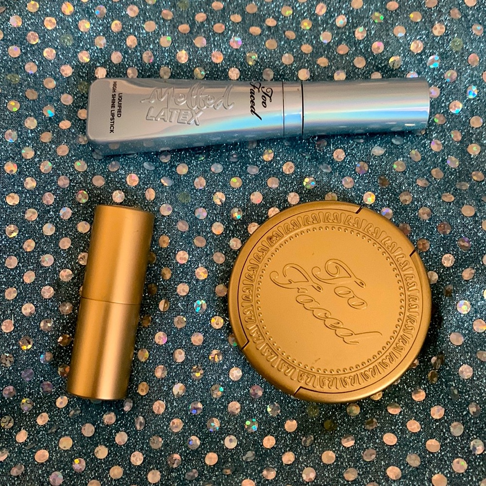 Mini too faced unicorn tears set highlighter lipstick and gloss holo